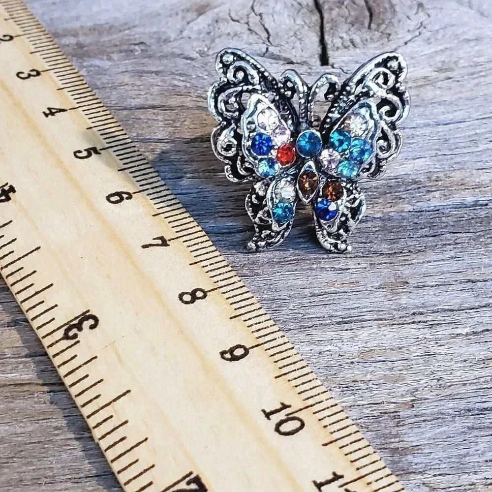 Vintage Y2K 90s Multicolor Crystal Butterfly Silver Adjustable Cocktail Ring